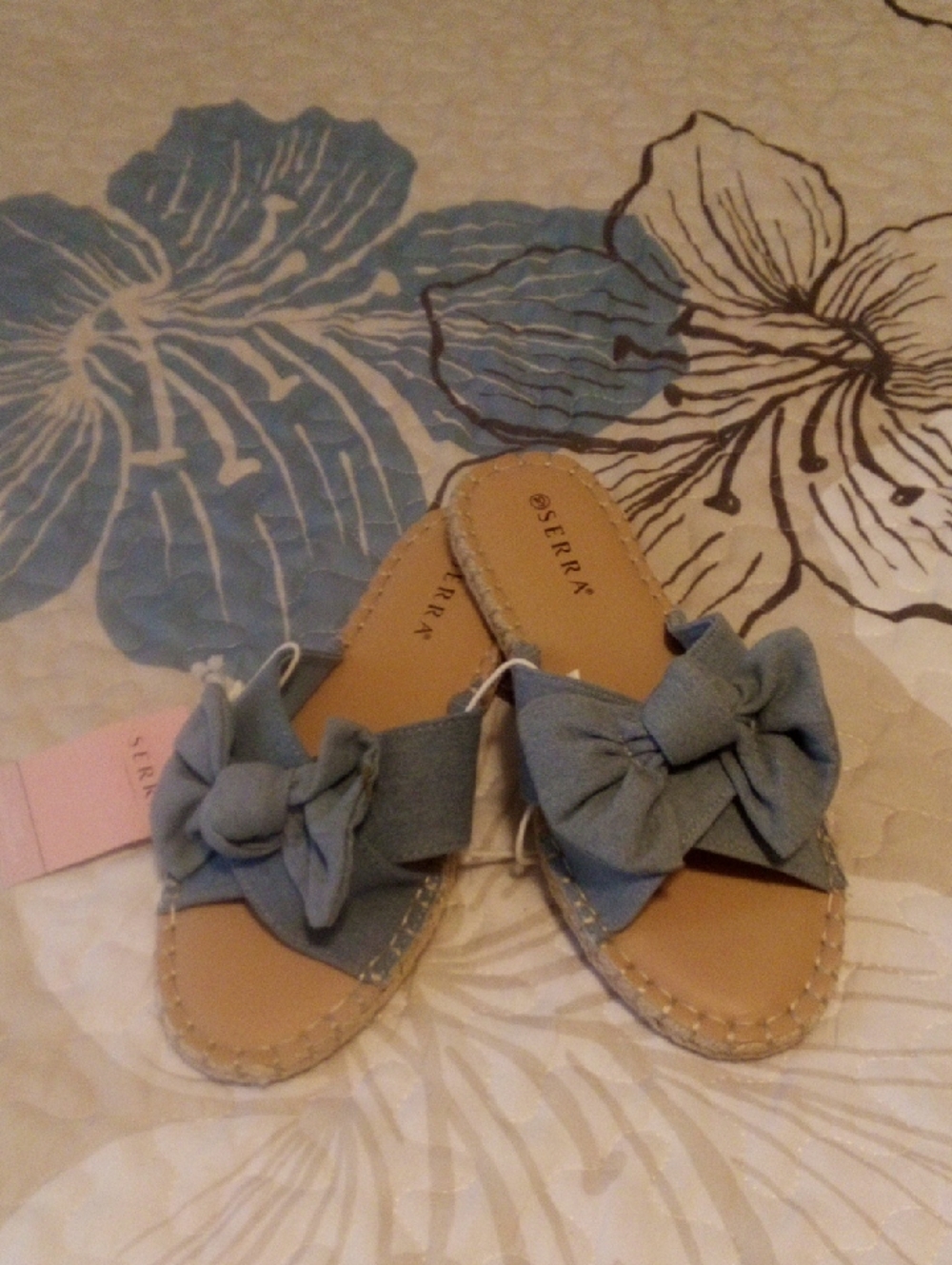 Serra Light Blue Bow Slide Sandals with Tan Footbed